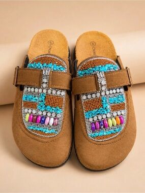 Beaded Suede Slip-On Clogs - Brown with Multicolor Beadwork